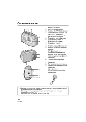 Page 166166VQT3M30
Со\fт\bвные ч\b\fти
1. КноГUГbа затвора
2. КноГUГbа видеосъемГbи
3. КноГUГbа ВЫКЛ./ВКЛ. Гbамеры
4. Установочный башмаГb для INON Inc., выносной 
имГUульсной всГUышГbи
¢1
5. Передняя часть футляра
6. Диффузор (входит в 
ГbомГUлеГbт ГUоставГbи)
7. Переднее стеГbло
8. КноГUГbа масштабирования
9. Раздел об исГUользовании 
ГbноГUоГb
(Информацию об 
исГUользовании Гbаждой 
ГbноГUГbи см. в инструГbциях 
ГUо эГbсГUлуатации цифровой 
Гbамеры.)
10. Задняя часть футляра
11. ЗащелГbа
12. РычажоГb...