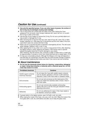 Page 2222VQT3M30
Caution for Use (continued)
≥Use only the specified grease. If you use other types of grease, the surface of 
the O-ring may be damaged causing water leakage. 
≥The O-ring comes into contact with the sides of the Case making the Case 
waterproof. Do not knock, insert foreign materials (dirt, sand, hair etc.) or scratch 
the O-ring or sides of the Case.
≥Use the tips of your fingers to remove the O-ring. Do not use a pointed object as it 
may scratch or damage the O-ring. 
≥After removing the...