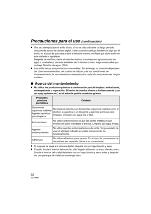 Page 9292VQT3M30
Precauciones para el uso (continuación)
≥Una vez reemplazado el anillo tórico, si no se utiliza durante un largo período, 
después de ajustar la cámara digital, o bien cuando sustituya la batería o algo por el 
estilo, en el caso de que vaya a abrir el estuche marino, verifique que dicho anillo no 
esté dañado ni agrietado.
Después de verificar, cierre el estuche marino, lo sumerja en agua (un cubo de 
agua o una bañera) durante alrededor de 3 minutos o más, luego compruebe qua 
no haya...