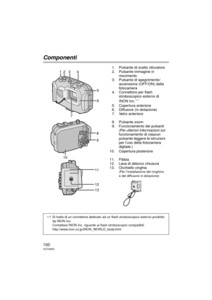 Page 100100VQT3M30
Componenti
1. Pulsante di scatto otturatore
2. Pulsante immagine in movimento
3. Pulsante di spegnimento/
accensione (OFF/ON) della 
fotocamera
4. Connettore per flash 
stroboscopico esterno di 
INON Inc.
¢1
5. Copertura anteriore
6. Diffusore (in dotazione)
7. Vetro anteriore
8. Pulsante zoom
9. Funzionamento dei pulsanti
(Per ulteriori informazioni sul 
funzionamento di ciascun 
pulsante leggere le istruzioni 
per l’uso della fotocamera 
digitale.)
10. Copertura posteriore
11. Fibbia
12....