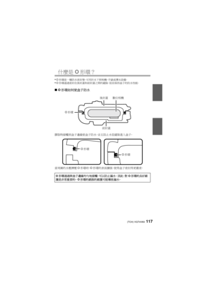 Page 117(TCH) VQT4V83117
什麼是O形環？
•O 形環是一種防水密封墊，可用於水下照相機、手錶或潛水設備。•O形環通過密封在後封蓋和前封蓋之間的縫隙，從而保持盒子的防水性能。
∫ O形環如何使盒子防水
膠脂物接觸到盒子邊緣使盒子防水，並且阻止水從縫隙進入盒子。
當周圍的水壓擠壓 O形環時， O形環的表面擴張，使得盒子密封得更嚴密。
O 形環通過與盒子邊緣均勻地接觸，可以防止漏水。  因 此，對 O形環的良好維
護是非常重要的。  O形環的錯誤的維護可能導致漏水。  
O形環 數位相機
前封蓋
後封蓋
O
形環
O形環
DMW-MCFT5_PP&E-VQT4V83.book  117 ページ  ２０１３年１月１６日　水曜日　午前１１時３５分 