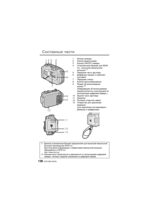 Page 138VQT4V83 (RUS)138
Составные части
1Кнопка  затвора
2 Кнопка  видеосъемки
3 Кнопка  ON/OFF  камеры
4 Ус т а н о в о ч н ы й  башмак  для  INON 
Inc., выносной  импульсной  
вспышки
¢ 1
5 Передняя  часть  футляра
6 Диффузор  (входит  в  комплект  
поставки )
7 Переднее  стекло
8 Кнопка  масштабирования
9 Раздел  об  использовании 
кнопок¢ 2(Информацию  об  использовании 
каждой  кнопки  см . в  инструкциях  по  
эксплуатации  цифровой  камеры .)
10Задняя  часть  футляра
11 Защелка
12 Рычажок  открытия...