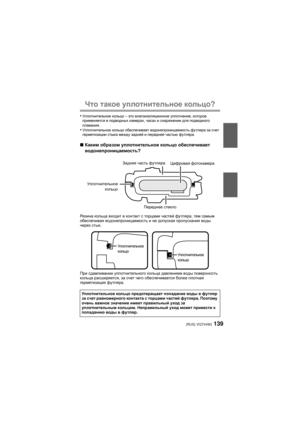 Page 139(RUS) VQT4V83139
Что такое  уплотнительное  кольцо?
•Уп л отнительное  кольцо – это влагоизоляционное  уплотнение, которое 
применяется  в подводных  камерах, часах  и снаряжении  для подводного  
плавания .
•Уп л отнительное  кольцо обеспечивает  водонепроницаемость  футляра  за  счет  
герметизации  стыка между  задней  и передней  частью футляра .
∫Каким  образом  уплотнительное  кольцо обеспечивает  
водонепроницаемость ?
Рез и на кольца  входит  в  контакт  с  торцами  частей  футляра , тем самым...