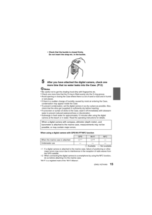 Page 15(ENG) VQT4V8315
•Check that the buckle is closed firmly.
Do not insert the strap etc. in the buckle.
5After you have attached the digital camera, check one 
more time that no water leaks into the Case. (P12)
Notes•Be careful not to get the shading hood dirty with fingerprints etc.•Check one more time that the O-ring is fitted evenly into the O-ring groove.•Avoid opening or closing the Case where there is a lot of sand or dust and in humid 
or wet places.
•If there is a sudden change of humidity caused by...