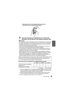 Page 59(GER) VQT4V8359
•Kontrollieren Sie, ob die Schnalle fest verschlossen ist.
Nicht den Gurt usw. in die Schnalle einführen.
5Nach dem Anbringen der Digitalkamera ein weiteres Mal 
überprüfen, ob kein Wasser in das Gehäuse eindringt. (S56)
Hinweise•Achten Sie darauf, dass die Schattenblende nicht durch Fingerabdrücke usw. schmutzig wird.•Ein weiteres Mal überprüfen, ob der O-Ring gleichmäßig in die Nut des O-Rings eingesetzt ist.•Vermeiden Sie das Öffnen und Schließen des Gehäuses an Orten mit viel Sand...