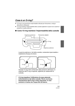 Page 101101VQT2N71
Cosa é un O-ring?
≥L’O-ring è una guarnizione impermeabile utilizzata per fotocamere, orologi e 
attrezzature subacquee.
≥L’O-ring mantiene l’impermeabilità della custodia sigillando lo spazio tra la copertura 
posteriore e quella anteriore.
∫Come l’O-ring mantiene l’impermeabilità della custodia
La gomma aderisce a i lati della custodia, rendendola impermeabile e 
impedendo all’acqua di entrare.
Quando l’O-ring viene schiacciato dalla pressione dell’acqua, la 
superficie dell’O-ring si...