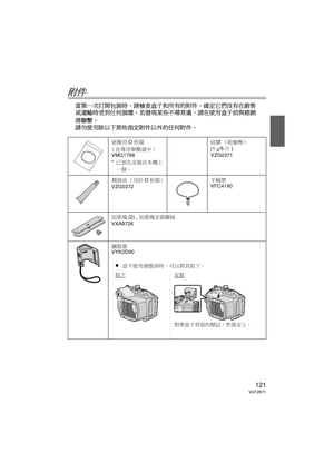 Page 121121VQT2N71
附件
當第一次打開包裝時，請檢查盒子和所有的附件，確定它們沒有在銷售
或運輸時受到任何損壞。 若發現某些不尋常處，請在使用盒子前與經銷
商聯繫。
請勿使用除以下那些指定附件以外的任何附件。
更換用 O形環
（在專用聚酯袋中） VMG1798
* 已預先安裝在本機上
一個。 硅膠 （乾燥劑）
(1 
g/5 片)
VZG0371
潤滑油 （用於 O形環）
VZG0372 手腕帶
VFC4190
加重塊 (2) , 加重塊安裝螺絲   
VXA8726
擴散器
VYK2D90
≥當不使用漫散屏時，可以將其取下。
取下安裝
對準盒子背面的標記，然後安上。
TAI_BODY.fm  121 ページ  ２０１０年１月１４日　木曜日　午前１１時４５分 