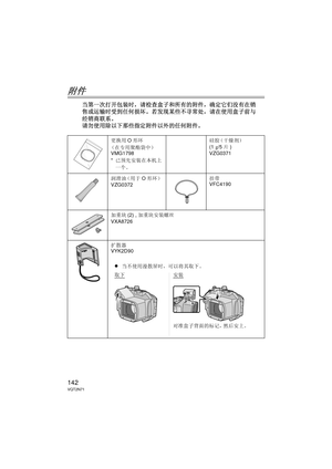 Page 142142VQT2N71
附件
当第一次打开包装时，请检查盒子和所有的附件，确定它们没有在销
售或运输时受到任何损坏。若发现某些不寻常处，请在使用盒子前与
经销商联系。
请勿使用除以下那些指定附件以外的任何附件。
更换用O形环
（在专用聚酯袋中） VMG1798
* 已预先安装在本机上
一个。 硅胶（干燥剂）
(1 
g/5 片)
VZG0371
润滑油（用于 O形环）
VZG0372 挂带
VFC4190
加重块 (2) , 加重块安装螺丝   
VXA8726
扩散器
VYK2D90
≥当不使用漫散屏时，可以将其取下。
取下安装
对准盒子背面的标记，然后安上。
PEK_BODY.fm  142 ページ  ２０１０年１月１４日　木曜日　午前１１時５０分 