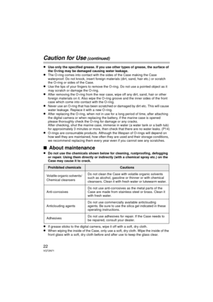 Page 2222VQT2N71
Caution for Use (continued)
≥Use only the specified grease. If you use other types of grease, the surface of 
the O-ring may be damaged causing water leakage. 
≥The O-ring comes into contact with the sides of the Case making the Case 
waterproof. Do not knock, insert foreign materials (dirt, sand, hair etc.) or scratch 
the O-ring or sides of the Case.
≥Use the tips of your fingers to remove the O-ring. Do not use a pointed object as it 
may scratch or damage the O-ring. 
≥After removing the...