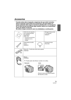 Page 7575VQT2N71
Accesorios
Cuando antes abre el paquete, asegúrese de que estén incluidos 
tanto el estuche como todos los accesorios y de que ambos no 
hayan padecido daño alguno durante la distribución o el transporte. 
En el caso de que encontrase algo insólito, llame a su comerciante 
antes de utilizar el estuche.
No utilice ningún accesorio salvo los detallados a continuación.
Anillo tórico de repuesto(en la especial bolsa 
de poliéster)
VMG1798
* Una ya se montó de antemano en la 
unidad. Silicagel...