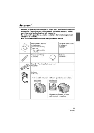 Page 9797VQT2N71
Accessori
Quando si apre la confezione per la prima volta, controllare che siano 
presenti la custodia e tutti gli accessori, e che non abbiano subito 
danni durante la distribuzione o il trasporto. 
Se si riscontra qualche anomalia, contattare il rivenditore prima di 
utilizzare la custodia.
Non utilizzare accessori diversi da quelli sotto indicati.
Guarnizione di ricambio(nella busta di 
poliestere esclusiva)
VMG1798
* Una è già montata sull’unità. Silica Gel (Essiccante)
(1 
g/5 pezzi)...