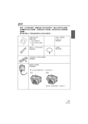 Page 121121VQT4C30
附件
當第一次打開包裝時，請檢查盒子和所有的附件，確定它們沒有在銷售
或運輸時受到任何損壞。 若發現某些不尋常處，請在使用盒子前與經銷
商聯繫。
請勿使用除以下那些指定附件以外的任何附件。
更換用 O形環
VMG1798
* 在專用聚酯袋中
* 已預先安裝在本機上
一個。 硅膠 （乾燥劑）
(1 
g/5 片)
VZG0371
潤滑油 （用於 O形環）
VZG0372 手腕帶
VFC4190
加重塊 (2), 加重塊安裝螺絲   
VXA8847
擴散器 /連接繩
VYK5S28
≥當不使用漫散屏時，可以將其取下。
取下安裝
對準盒子背面的標記，然後安上。
DMW-MCTZ30-VQT4C30.book  121 ページ  ２０１２年１月１２日　木曜日　午前１０時５０分 