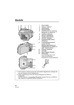 Page 5454VQT4C30
Bauteile
1. Zoom-Hebel
2. Taste fur Videos¢1
3. Auslösetaste
4. Modusschalter
5. Zubehörschuh für externes 
Blitzgerät von INON Inc.
¢2
6. Vorderes Gehäuse
7. Diffusor (beiliegend)
8. Vordere Glasscheibe
9. ON/OFF-Schalter
10. Auswahlschalter [Rec]/ [Wiederg.]
11. Funktionstastenbereich (Lesen Sie die 
Bedienungsanleitung zur 
Digitalkamera für Details zu 
jeder Tastenfunktion.)
12. Hinteres Gehäuse
13. Schnalle
14. Sperrfreigabe-Schalter
15. Riemenöse
(zum Anbringen des in der 
Lieferung...