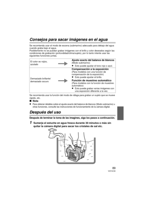 Page 8989VQT4C30
Consejos para sacar imágenes en el agua
Se recomienda usar el modo de escena (submarino) adecuado para debajo del agua 
cuando graba bajo el agua.
Posiblemente no se puedan grabar imágenes con el brillo y color deseados según las 
condiciones de grabación (profundidad/clima/sujeto), por lo tanto intente usar las 
siguientes funciones juntas.
Se recomienda usar la función del modo  de ráfaga para grabar un sujeto que se mueve 
rápido, etc.
∫ Nota
≥
Para obtener detalles sobre el ajuste exacto...