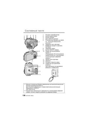 Page 138VQT4V81 (RUS)138
Составные части
1Рычажок  трансфокатора
2 Кнопка  видеосъемки
3 Кнопка  затвора
4 Диск рабочего  режима
5 Ус т а н о в о ч н ы й  башмак  для  INON 
Inc., выносной  импульсной  
вспышки
¢ 16 Передняя  часть  футляра
7 Диффузор  (входит  в  комплект  
поставки )
8 Переднее  стекло
9 Кнопка  ON/OFF  камеры
10 Раздел  об  использовании  
кнопок
¢ 2(Информацию  об  использовании  
каждой  кнопки  см . в инструкциях  
по  эксплуатации  цифровой  
камеры .)
11 Задняя  часть  футляра
12...