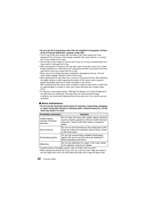 Page 22VQT4V81 (ENG)22
•Do not use the O-ring grease other than the supplied O-ring grease. Surface 
of the O-ring will deteriorate, causing a water leak.
•The O-ring comes into contact with the sides of the Case making the Case 
waterproof. Do not knock, insert foreign materials (dirt, sand, hair etc.) or scratch 
the O-ring or sides of the Case.
•Use the tips of your fingers to remove the O-ring. Do not use a pointed object as it 
may scratch or damage the O-ring.
•After removing the O-ring from the rear...