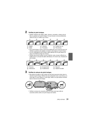 Page 31(FRE) VQT4V8131
2Vérifiez le joint torique.
•
Vérifiez l’absence de saleté, sable, cheveux, poussière, cristaux de sel, 
fibre ou graisse sur le joint torique. Si vous trouvez un de ces éléments, 
retirez-le avec un chiffon sec et doux
•Sur le joint torique, il peut y avoir de la saleté que vous ne pouvez pas voir. 
Vérifiez la présence de saletés en frottant votre doigt sur le joint torique.
•Lors du nettoyage du joint torique, faites attention de ne pas laisser sur 
celui-ci les fibres du linge sec et...