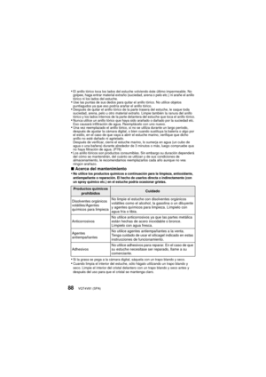 Page 88VQT4V81 (SPA)88
•El anillo tórico toca los lados del estuche volviendo éste último impermeable. No 
golpee, haga entrar material extraño (suciedad, arena o pelo etc.) ni arañe el anillo 
tórico ni los lados del estuche.
•Use las puntas de sus dedos para quitar el anillo tórico. No utilice objetos 
puntiagudos ya que eso podría arañar el anillo tórico.
•Después de quitar el anillo tórico de la parte trasera del estuche, le saque toda 
suciedad, arena, pelo u otro material extraño. Limpie también la ranura...