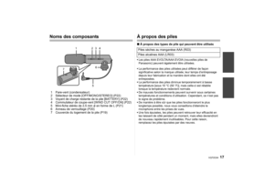 Page 1717
VQT2C64
Noms des composants1 Pare-vent (condensateur)
2 Sélecteur de mode [OFF/MONO/STEREO] (P22)
3 Voyant de charge restante de la pile [BATTERY] (P22)
4 Commutateur de coupe-vent [WIND CUT OFF/ON] (P22)
5 Mini-fiche stéréo de 2,5 mm φ en forme de L (P21)
6 Anneau de verrouillage (P20)
7 Couvercle du logement de la pile (P19)
À propos des piles∫ À propos des types de pile qui peuvent être utilisésLes piles AAA EVOLTA/AAA EVOIA (nouvelles piles de 
Panasonic) peuvent égal ement être utilisées.
 La...