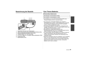 Page 4141
VQT2C64
Bezeichnung der Bauteile1 Windschutz (darunter der Kondensator)
2 Off/On-Moduswahlschalter [OFF/MONO/STEREO] (P46)
3 Batteriezustandsleuchte [BATTERY] (P46)
4 Schalter [WIND CUT OFF/ON] (P46)
5φ 2,5 mm: Kabel mit L-förmigem Stereo-Ministecker (P45)
6 Arretierring (P44)
7 Batteriedeckel (P43)
Zum Thema Batterien∫ Verwendbare BatterieartenAuch Batterien vom Typ AAA EVOLTA/AAA EVOIA (neue 
Panasonic-Batterie) können verwendet werden.
 Die Leistung der verwendeten Batterien kann deutlich in...