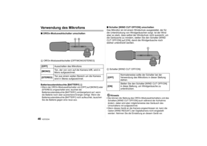 Page 46VQT2C64
46
Verwendung des Mikrofons∫Off/On-Moduswahlschalter umschalten
A  Off/On-Moduswahlschalter [OFF/MONO/STEREO]
Batteriezustandsleuchte [BATTERY] B Wenn der Off/On-Moduswahlschalter von [OFF] auf [MONO] oder 
[STEREO] umgeschaltet wird, leuchtet die 
Batteriezustandsleuchte [BATTERY] vorübergehend auf, wenn 
die Batterie noch über ausreichend Energie verfügt. Wenn die 
Batteriezustandsleuchte [BATTERY] nicht aufleuchtet, tauschen 
Sie die Batterie gegen eine neue aus.
∫ Schalter [WIND CUT OFF/ON]...