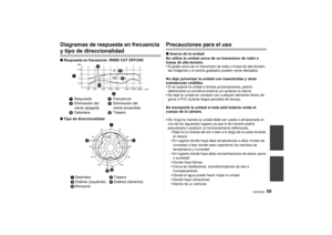 Page 5959
VQT2C64
Diagramas de respuesta en frecuencia y tipo de direccionalidad∫Respuesta en frecuencia  （WIND CUT OFF/ON）
∫ Tipo de direccionalidad
Precauciones para el uso∫Acerca de la unidad
No utilice la unidad cerca de un transmisor de radio o 
líneas de alta tensión. Si graba cerca de un transmisor de radio o líneas de alta tensión, 
las imágenes y el sonido grabados pueden verse afectados.No deje pulverizar la unidad con insecticidas y otras 
substancias volátiles.Si se expone la unidad a dichas...