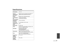 Page 6161
VQT2C64
EspecificacionesAlimentación:CC 1,5 V
Baterías 
recomendadas 
para el uso Baterías secas de manganeso AAA (R03)
k1/
Baterías secas alcalinas AAA (LR03)
k1
Modelo Micrófono tipo condensador Electret
Características 
de 
direccionalidad Unidireccionall (estéreo)
No direccional (monaural)
Respuesta en 
frecuencia 100 Hz a 20.000 Hz
Sensitividad s47 dB (0 dB u1V/Pa, 1kHz)
Impedancia de 
salida 600
h
Relación S/N
67 dB o más
Cable Cable de mini-clavija estéreo en forma de L de 
φ2,5 mm. (longitud...