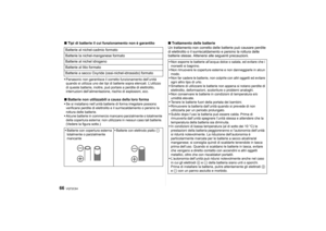 Page 66VQT2C64
66
∫Tipi di batterie il cui funzionamento non è garantitoPanasonic non garantisce il corretto funzionamento dell’unità 
quando si utilizza uno dei tipi di batterie sopra elencati. L’utilizzo 
di queste batterie, inoltre, può portare a perdite di elettrolito, 
interruzioni dell’alimentazione, rischio di esplosioni, ecc.∫ Batterie non utilizzabili a causa della loro formaSe si installano nell’unità batterie di forma irregolare possono 
verificarsi perdite di elettrolito e il surriscaldamento o...