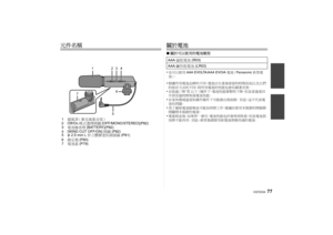 Page 7777
VQT2C64
元件名稱1擋風罩（麥克風集音部）
2 Off/On 模式選擇開關 [OFF/MONO/STEREO](P82)
3 電池檢查燈 [BATTERY](P82)
4 [WIND CUT OFF/ON] 開關(P82)
5 φ2.5 mm L 形立體聲迷你插頭線 (P81)
6 鎖定環 (P80)
7 電池蓋 (P79)
關於電池∫關於可以使用的電池類型
•也可以使用 AAA EVOLTA/AAA EVOIA 電池（Panasonic 新型電
池）。•根據所用電池品牌的不同，電池自生產後保留的時間長短以及它們
的保存方法的不同，則所用電池的性能也會有顯著差異。•在低溫（10 °C 以下）條件下，電池性能會暫時下降，但是當溫度回
升到室溫時將恢復電池性能。•在某些環境溫度和操作條件下可能會出現故障。  但是，這不代表電
池有問題。•為了確保電池能夠盡可能長時間工作，建議在使用本裝置的間隔期
間關閉本裝置的電源。•電量耗盡後，如果停一會兒，電池性能也許會得到恢復，但是電池很
快將不能再用。  因此，經常強調要用新電池替換用過的電池。
2
13
6
5
7 4
AAA
錳乾電池 (R03)...