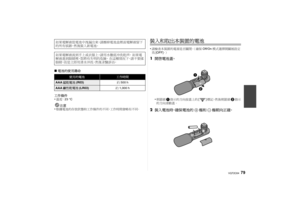 Page 7979
VQT2C64
∫電池的使用壽命
工作條件
•溫度：  23 °C注意
•根據電池的存放狀態和工作條件的不同，工作時間會略有不同。
裝入和取出本裝置的電池•請檢查本裝置的電源是否關閉。 （確保Off/On模式選擇開關被設定
為 [OFF] 。）1開啟電池蓋。
•朝箭頭
1指示的方向按蓋上的 []標記，然後朝箭頭
2指示
的方向滑動蓋。
2 裝入電池時，確保電池的 +極和 -極朝向正確。
如果電解液從電池中洩漏出來，請擦掉電池盒裡面電解液留下
的所有痕跡，然後裝入新電池。
如果電解液流到手上或衣服上，請用水徹底沖洗乾淨。  如果電
解液進到眼睛裡，您將有失明的危險。  在這種情況下，請不要揉
眼睛，而是立即用清水沖洗，然後求醫診治。
使用的電池
工作時間
AAA 錳乾電池 (R03) 約500 hAAA 鹼性乾電池 (LR03) 約1,000 hDMW-MS1PP_E-VQT2C64.book  79 ページ  ２００９年３月１８日　水曜日　午後９時２９分 