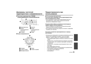 Page 9595
VQT2C64
Диаграммы частотной  характеристики  и  направленности∫ Частотная  характеристика  
（ РЕЖИМ 
ШУМОПОДАВЛЕНИЯ  ОТКЛЮЧЕН /ВКЛЮЧЕН
∫ Схема  направленности
Предосторожности  при  использовании∫ В  отношении  фотовспышки
Не  используйте  микрофон  возле  радиопередатчиков  
или  высоковольтных  линий .
•Если  производить  запись  возле  радиопередатчиков  или 
высоковольтных  -линий , может  ухудшиться  качество  
записанных  изображений  и  звука .Не распыляйте  вблизи устройства  инсектицидных...