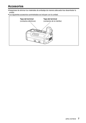 Page 25(SPA) VQT5K487
Accesorios
yyAsegúrese de eliminar los materiales de embalaje de manera adecuada tras desembalar la 
unidad.
yy Los siguientes accesorios suministrados se incluyen con la unidad.
Tapa del terminal
(contactos eléctricos) Tapa del terminal
(contactos de la interfaz) 