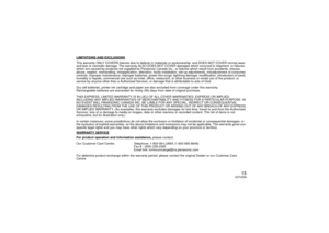 Page 1515
VQT2Z58
LIMITATIONS AND EXCLUSIONSThis warranty ONLY COVERS failures due to defects in materials or workmanship, and DOES NOT COVER normal wear 
and tear or cosmetic damage. The warranty ALSO DOES NOT COVER damages which occurred in shipment, or failures 
which are caused by products not supplied by Panasonic Canada Inc., or failures which result from accidents, misuse, 
abuse, neglect, mishandling, misapplication, alteration, faulty installation, set-up adjustments, misadjustment of consumer...