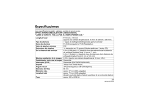 Page 2525
(SPA) VQT4Y53
EspecificacionesLas especificaciones están sujetas a cambio sin previo aviso.
ÓPTICA INTERCAMBIABLE PARA CÁMARA DIGITAL
“LUMIX G VARIO 14– 140 mm/F3.5– 5.6 ASPH./POWER O.I.S.”
Longitud focal f=14 mm a 140 mm
(Igual a una cámara de película de 35 mm: de 28 mm a 280 mm)
Tipo de abertura 7 aspas de diafragma/Diafragma de apertura circular
Gama de abertura F3.5 (Granangular) a F5.6 (Teleobjetivo)
Valor de abertura mínimo F22
Estructura del objetivo 14 elementos en 12 grupos (3 lentes...