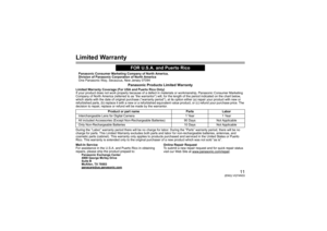 Page 1111
(ENG) VQT4N33
Limited WarrantyLimited Warranty Coverage (For USA and Puerto Rico Only) 
If your product does not work properly because of a defect in materials or workmanship, Panasonic Consumer Marketing 
Company of North America (referred to as “the warrantor”) will, for the length of the period indicated on the chart below, 
which starts with the date of original purchase (“warranty period”), at its option either (a) repair your product with new or 
refurbished parts, (b) replace it with a new or a...