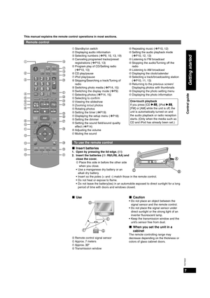 Page 77
RQT9522
Getting started
Control guide
Remote control
This manual explains the remote control operations in most sections.
AUDIO  INFO SOUND DIMMER 
TIMER 
SETUP 
VOL 
DEL MUTE 
PROGRAM REPEAT PLAY MODE 
iPod CD FM 
AM RADIO OFF 
CLOCK 
PHOTO 
MEDIA 
SLIDE 
SHOW  RETURN 
ZOOM ROTATE INFO  MENU  PHOTO 
OK SELECT PHOTOS SELECT TRACKS 
DISPLAY MODE 
1 
2 
3 
4 
5 6 7 8 
9 
10 
11  
12 
13 
14 
15 
16 
17 18 
19 
20 
21 
22 
23 
24 
25 26 
27 
28 
29 
30 
31 
1 Standby/on  switch
2 Displaying audio...
