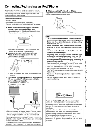 Page 1515
VQT2Z87
Operations
Photo playback settings / Connecting/Recharging an iPod/iPhone
Connecting/Recharging an iPod/iPhone
A compatible iPod/iPhone can be connected to this unit.No warranty is provided against any trouble about the 
iPod/iPhone data management.
Usable iPods/iPhones ¼P3 Turn the unit off.
Turn off the iPod/iPhone before connecting.
Remove the iPod/iPhone if it is in the iPod/iPhone case.
1.  Attach the Dock Adaptor (supplied with iPod/ iPhone)¼ to the Universal Dock for iPod.
Insert the...