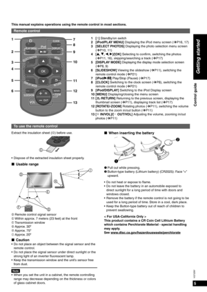 Page 55
VQT2Z87
Getting started
Control guide
Remote control
This manual explains operations using the remote control in most sections.
1
2
5
612
13 11
10
4
3
9
7
8
Extract the insulation sheet (C) before use.
C
Dispose of the extracted insulation sheet properly.
Usable range
D
F G
E I
H
D Remote control signal sensor
E Within approx. 7 meters (23 feet) at the front
F Transmission  window
G Approx.  30º
H Approx.  75º
I Approx.  20º
CautionDo not place an object between the signal sensor and the 
remote...