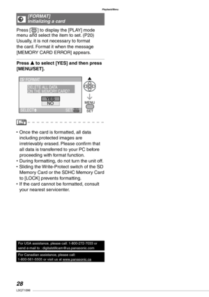 Page 28
Playback/Menu
LSQT1098

Press [MENUSET] to display the [PLAY] mode menu and select the item to set. (P20)Usually, it is not necessary to format the card. Format it when the message [MEMORY CARD ERROR] appears.
Press e to select [YES] and then press [MENU/SET].
Once the card is formatted, all data including protected images are irretrievably erased. Please confirm that all data is transferred to your PC before proceeding with format function.During formatting, do not turn the unit off.Sliding...