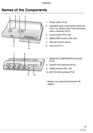 Page 7
Preparation
Preparation
LSQT1098

Names of the Components
Power button (P13)
Operation lamp (Lights green when the unit is on, flashes when communicating with a computer (P31))
Cursor button (P13, 20)
[MENU/SET] button (P20, 29)
Remote Control sensor
Card slot (P11)
1.
2.
3.
4.
5.
6.
[ANALOG COMPONENT] terminals (P10)
[AUDIO OUT] terminal (P10)
[USB] terminal (P31, 33)
[DC IN 4.8V] terminal (P10)
7.
8.
9.
10.
AUDIO OUT
DC IN 4.8VUSB
ANALOG COMPONENT
1234
6
78
910
5
Always use a genuine Panasonic AC...