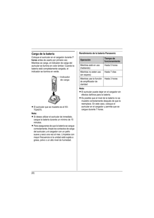 Page 18(4)
Carga de la batería
Coloque el auricular en el cargador durante 7 
horas
 antes de usarlo por primera vez.
Mientras se carga, el indicador de carga del 
auricular se ilumina en color ámbar. Cuando la 
batería está completamente cargada, el 
indicador se ilumina en verde.
LEl auricular que se muestra es el KX-
TGA570.
Nota:
LSi desea utilizar el auricular de inmediato, 
cargue la batería durante un mínimo de 15 
minutos.
LPara asegurarse de que la batería se cargue 
correctamente, limpie los contactos...
