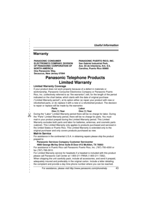 Page 43Useful Information
✄
For assistance, please visit http://www.panasonic.com/phonehelp43
Warranty
PANASONIC CONSUMER 
ELECTRONICS COMPANY, DIVISION 
OF PANASONIC CORPORATION OF 
NORTH AMERICA 
One Panasonic Way, 
Secaucus, New Jersey 07094PANASONIC PUERTO RICO, INC.
San Gabriel Industrial Park, 
Ave. 65 de Infantería, Km. 9.5,
Carolina, Puerto Rico 00985
Panasonic Telephone Products
Limited Warranty
Limited Warranty Coverage
If your product does not work properly because of a defect in materials or...