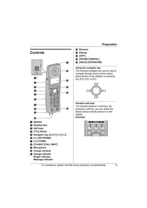 Page 9Preparation
For assistance, please visit http://www.panasonic.com/phonehelp9
Controls
ASpeaker
BHeadset jack
CSoft keys
D{C} (TALK)
ENavigator key ({^} {V} {})
F{s} (SP-PHONE)
G{*} (TONE)
H{FLASH} {CALL WAIT}
IMicrophone
JCharge contacts
KCharge indicator 
Ringer indicator
Message indicatorLReceiver
MDisplay
N{OFF}
O{PAUSE} {REDIAL}
P{HOLD} {INTERCOM}
Using the navigator key 
The handset navigator key can be used to 
navigate through menus and to select 
items shown on the display, by pressing 
{^}, {V},...