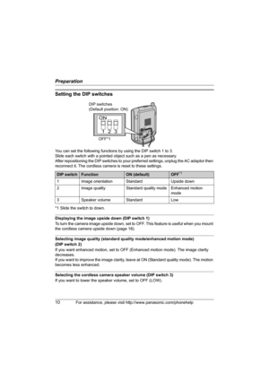 Page 10Preparation
10For assistance, please visit http://www.panasonic.com/phonehelp
Setting the DIP switches
You can set the following functions by using the DIP switch 1 to 3.
Slide each switch with a pointed object such as a pen as necessary.
After repositioning the DIP switches to your preferred settings, unplug the AC adaptor then 
reconnect it. The cordless camera is reset to these settings.
*1 Slide the switch to down.
Displaying the image upside down (DIP switch 1)
To turn the camera image upside down,...