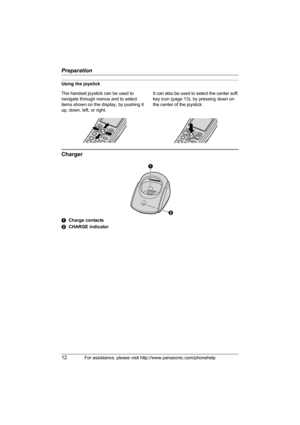 Page 12Preparation
12For assistance, please visit http://www.panasonic.com/phonehelp
Using the joystick
Charger
ACharge contacts
BCHARGE indicator The handset joystick can be used to 
navigate through menus and to select 
items shown on the display, by pushing it 
up, down, left, or right.It can also be used to select the center soft 
key icon (page 13), by pressing down on 
the center of the joystick.
B
A
THA11.book  Page 12  Tuesday, March 7, 2006  5:56 PM 