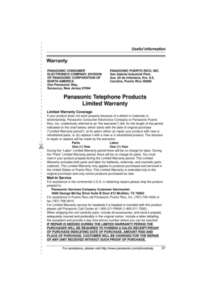 Page 57✄
Useful Information
For assistance, please visit http://www.panasonic.com/phonehelp57
Warranty
PANASONIC CONSUMER 
ELECTRONICS COMPANY, DIVISION 
OF PANASONIC CORPORATION OF 
NORTH AMERICA 
One Panasonic Way, 
Secaucus, New Jersey 07094PANASONIC PUERTO RICO, INC.
San Gabriel Industrial Park, 
Ave. 65 de Infantería, Km. 9.5,
Carolina, Puerto Rico 00985
Panasonic Telephone Products
Limited Warranty
Limited Warranty Coverage
If your product does not work properly because of a defect in materials or...