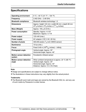 Page 45Useful Information
For assistance, please visit http://www.panasonic.com/phonehelp45
Specifications
Note:
LDesign and specifications are subject to change without notice.
LThe illustrations in these instructions may vary slightly from the actual product.
Trademarks
LThe Bluetooth word mark and logos are owned by the Bluetooth SIG, Inc. and any use 
of such marks by Panasonic is under license. Operating environment5 °C – 40 °C (41 °F – 104 °F)
Frequency2.402 GHz – 2.48 GHz
Bluetooth complianceBluetooth...