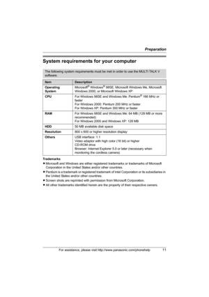 Page 11Preparation
For assistance, please visit http://www.panasonic.com/phonehelp11
System requirements for your computer
Trademarks
LMicrosoft and Windows are either registered trademarks or trademarks of Microsoft 
Corporation in the United States and/or other countries.
LPentium is a trademark or registered trademark of Intel Corporation or its subsidiaries in 
the United States and/or other countries.
LScreen shots are reprinted with permission from Microsoft Corporation.
LAll other trademarks identified...