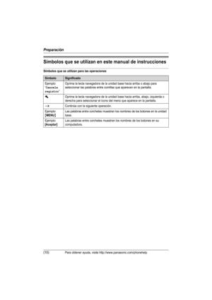 Page 35Preparación
(10)Para obtener ayuda, visite http://www.panasonic.com/phonehelp
Símbolos que se utilizan en este manual de instrucciones
Símbolos que se utilizan para las operaciones
SímboloSignificado
Ejemplo: 
“
Cancela 
registro
”Oprima la tecla navegadora de la unidad base hacia arriba o abajo para 
seleccionar las palabras entre comillas que aparecen en la pantalla.
hOprima la tecla navegadora de la unidad base hacia arriba, abajo, izquierda o 
derecha para seleccionar el icono del menú que aparece en...