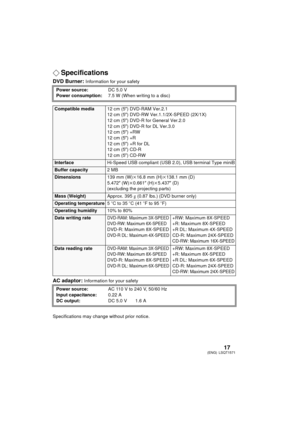 Page 1717LSQT1571
(ENG)
¬ Specifications
DVD Burner: Information for your safety
AC adaptor: Information for your safety
Specifications may c hange without prior notice.
Power source:
DC 5.0 V
Power consumption: 7.5 W (When writing to a disc)
Compatible media 12 cm (5z) DVD-RAM Ver.2.1
12 cm (5 z) DVD-RW Ver.1.1/2X-SPEED (2X/1X)
12 cm (5 z) DVD-R for General Ver.2.0
12 cm (5 z) DVD-R for DL Ver.3.0
12 cm (5 z) +RW
12 cm (5 z) +R
12 cm (5 z) +R for DL
12 cm (5 z) CD-R
12 cm (5 z) CD-RW
Interface Hi-Speed USB...
